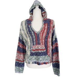 Colorful Cotton Knit Baja Beach Festival Oversized Boxy Crop Hoodie Sweater MED